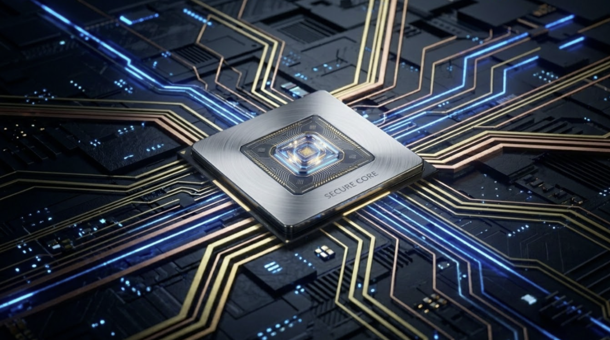 A cinematic macro shot of a high-tech microprocessor labelled 'SECURE CORE', glowing with electric blue and copper circuitry lines against a dark, layered hardware chassis.